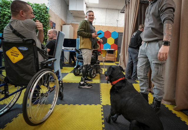 Lavr, a dog with prosthetic front legs, sits in a TYTANOVI REHAB a modern rehabilitation center for veterans with high limb amputations, amid Russia's attack on Ukraine, in Kyiv, Ukraine on December 6, 2025. Lavr lost both front paws in an accident, after which he was quickly fitted with prosthetic implants and now inspires Ukrainian soldiers with amputated limbs as they undergo rehab at a center. (Photo by Ivan Lyubysh-Kirdey/Reuters)