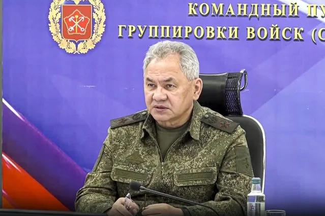In this photo taken from video and released on Monday, June 26, 2023 by the Russian Defense Ministry Press Service, Russian Defense Minister Sergei Shoigu speaks to officers as he inspects a command post of one of the formations of the Zapad (West) group of Russian troops at an undisclosed location of Ukraine. Shoigu made his first public appearance Monday since a mercenary uprising demanded his ouster, inspecting troops in Ukraine. (Photo by Russian Defense Ministry Press Service via AP Photo)