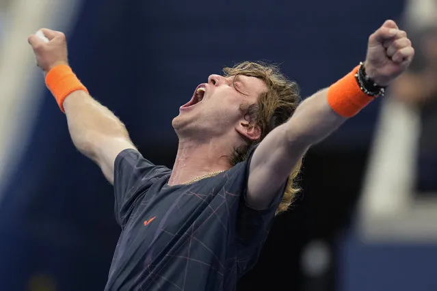 Andrey Rublev, of Russia, celebrates after defeating Jack Draper, of Great Britain, during the fourth round of the U.S. Open tennis championships, Monday, September 4, 2023, in New York. (Photo by Seth Wenig/AP Photo)