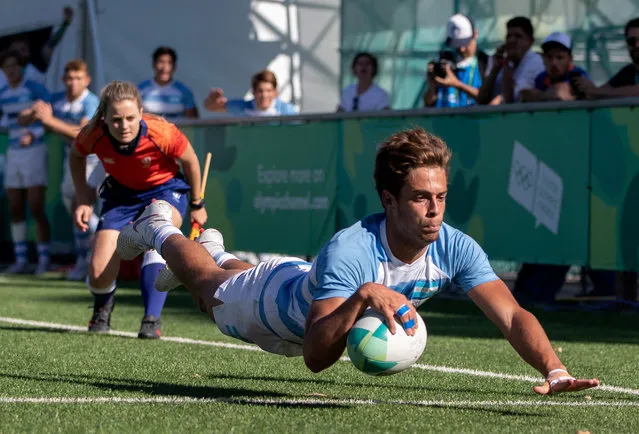 Ramiro Costa ARG scores a decisive try to ensure Argentina's gold medal win in the Rugby Sevens Men's Gold Medal Match against France at the Club Atletico San Isidro Sede La Boya. The Youth Olympic Games, Buenos Aires, Argentina on October 15, 2018. (Photo by Jed Leicester for OIS/IOC/Handout via Reuters)