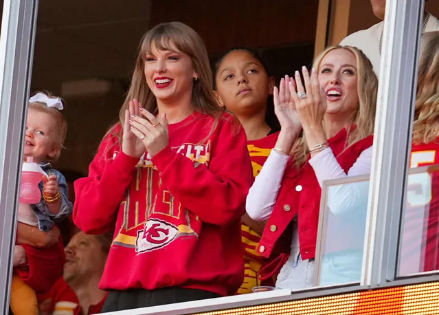 Recording artist Taylor Swift and Brittany Mahomes cheer during the second half between the Los Angeles Chargers and the Kansas City Chiefs at GEHA Field at Arrowhead Stadium in Kansas City, Missouri on October 22, 2023. (Photo by Jay Biggerstaff/USA TODAY Sports)