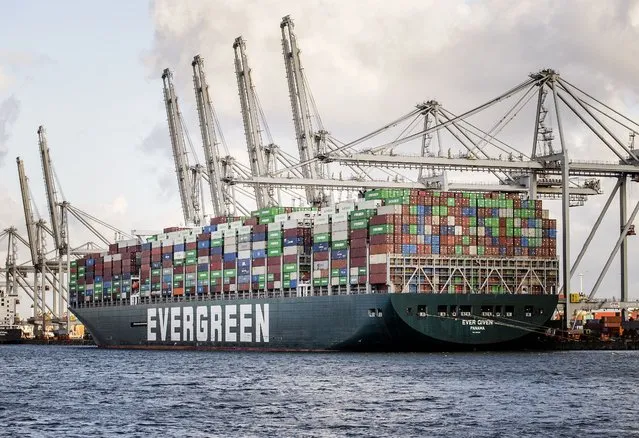 The container ship Ever Given is located on July 29, 2021 at the ECT Delta terminal in the port of Rotterdam, Netherlands, 129 days after it blocked the Suez Canal. (Photo by Hollandse Hoogte/EPA/EFE/Rex Features/Shutterstock)