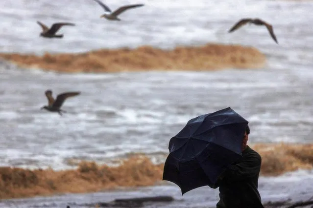 A man aims his umbrella into the wind near ocean surf turned mud brown by storm runoff water as the second and more powerful of two atmospheric river storms, and potentially the biggest storm of the season, arrives to Santa Barbara, California, on February 4, 2024. The US West Coast was getting drenched on February 1 as the first of two powerful storms moved in, part of a “Pineapple Express” weather pattern that was washing out roads and sparking flood warnings. The National Weather Service said “the largest storm of the season” would likely begin on February 4. (Photo by David McNew/AFP Photo)