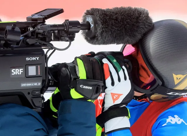 Sofia Goggia of Team Italy kisses a TV camera following her run during the Women's Downhill on day 11 of the Beijing 2022 Winter Olympic Games at National Alpine Ski Centre on February 15, 2022 in Yanqing, China. (Photo by Wolfgang Rattay/Reuters)
