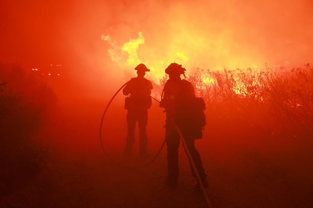 Firefighters from the Los Angeles Fire Department (LAFD) and other firemen respond to the Post Fire as it burns through the Hungry Valley State Vehicular Recreation Area in Lebec, California, on June 16, 2024. The fire has grown to 4,400 acres, with evacuation orders in place for Gorman, Pyramid Lake and Hungry Valley State Vehicular Recreation Area, according to the US Department of Agriculture Forest Service at Los Padres National Forest. (Photo by David Swanson/AFP Photo)