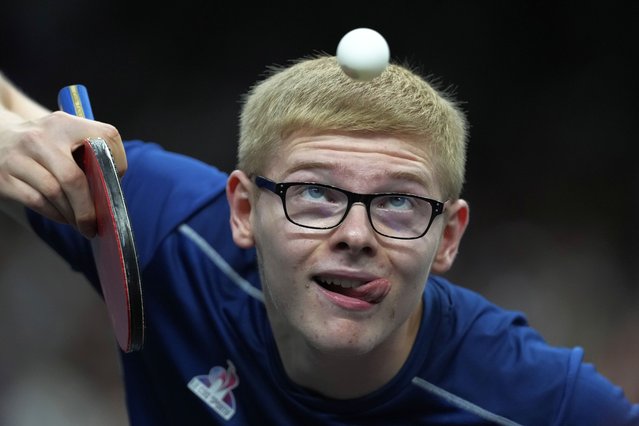 France's Felix Lebrun plays against Sweden's Anton Kallberg during a men's singles round of 32 table tennis game at the 2024 Summer Olympics, Monday, July 29, 2024, in Paris, France. (Photo by Petros Giannakouris/AP Photo)