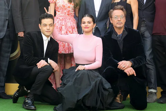Selena Gomez gets silly with her “Dolittle” co-stars Rami Malek (left) and Robert Downey Jr. at Regency Village Theatre, Los Angeles, USA on January 11, 2020. (Photo by Chelsea Lauren/Variety/Rex Features/Shutterstock)