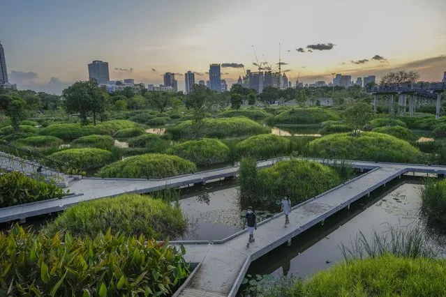 People walk on a path running through Benjakitti Park in Bangkok, Thailand, Friday, April 1, 2022. Bursting with trees, ponds, plants and birdlife, a new inner-city park is delighting residents of Thailand’s bustling, congested capital. Every day, crowds visit Benjakitti Forest Park to savor a taste of nature in the heart of Bangkok. (Photo by Sakchai Lalit/AP Photo)