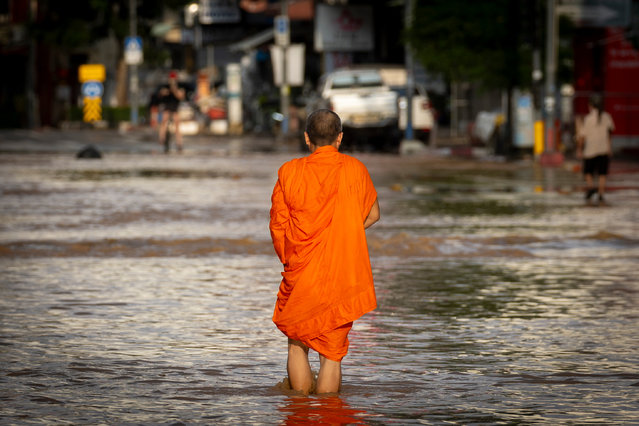 A Thai Buddhist monk wades through floodwaters in Chiang Mai Province, Thailand, Sunday, October 6, 2024 as the city's main river overflowed its banks following heavy seasonal rainfall. (Photo by Wason Wanichakorn/AP Photo)