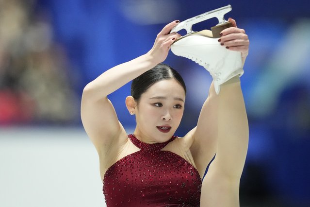 Yuna Aoki of Japan competes in the women's short program at the Grand Prix of Figure Skating series competition in Tokyo, Japan, Friday, November 8, 2024. (Photo by Hiro Komae/AP Photo)