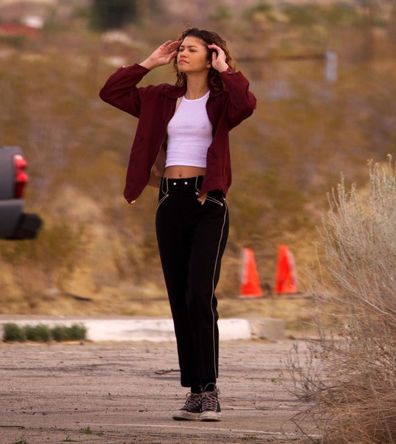 American actress and singer Zendaya steps on set as Rue to film “Euphoria” Season 3 near Palmdale, Calif. on February 27, 2025. (Photo by Backgrid USA)