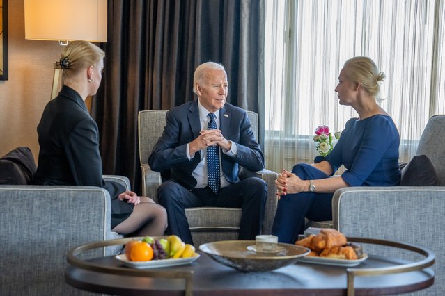 In this photo courtesy of The White House, obtained on February 22, 2024, US President Joe Biden (C) meets with Yulia Navalnaya (R), widow of Kremlin opposition leader Alexei Navalny, who died last week in a Russian prison, and daughter Dasha Navalnaya (L) in San Francisco, California. (Photo by White House/Handout via AFP Photo)