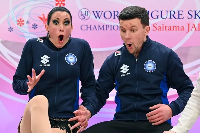 Italy's Charlene Guignard (L) and Marco Fabbri react to their score after the ice dance rhythm dance competition during the ISU World Figure Skating Championships 2023 in Saitama, on March 24, 2023. (Photo by Kazuhiro Nogi/AFP Photo)