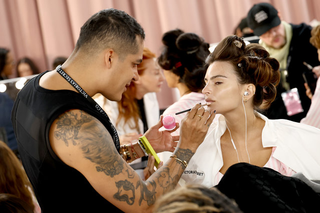 Emily Ratajkowski prepares backstage at the Victoria's Secret Fashion Show 2025 on October 15, 2025 in New York City. (Photo by Arturo Holmes/Getty Images for Victoria's Secret)