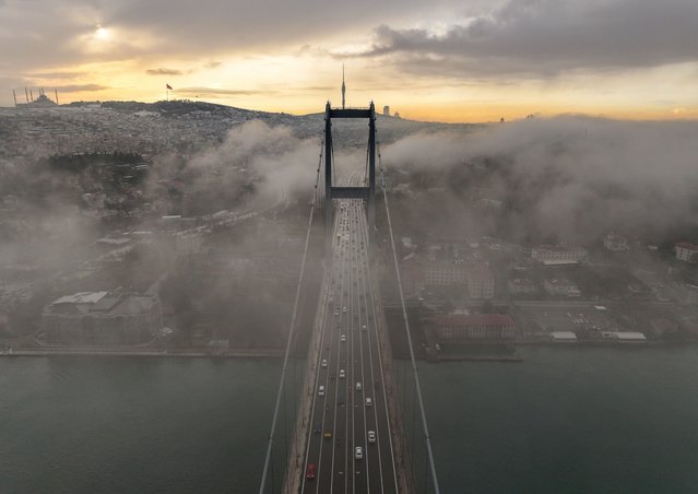 An aerial view of the Bosphorus during a foggy Istanbul morning in Turkiye on February 12, 2025. (Photo by Muhammed Enes Yildirim/Anadolu via Getty Images)