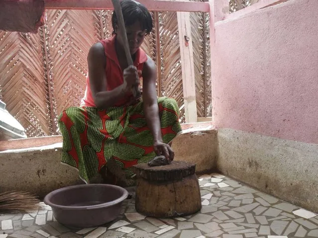 A worker cuts up a roasted cat in the back room of a restaurant in the Ivory Coast. Cat meat is a traditional food in much of Africa and Asia. (Photo by Reuters)