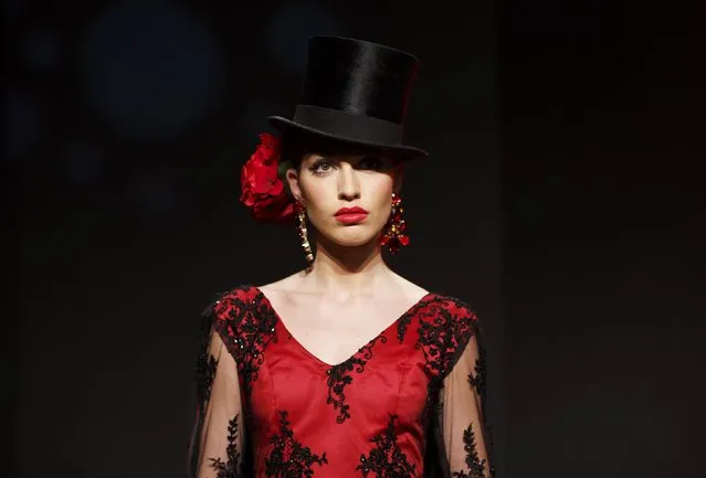 A model presents a creation by Javier Mojarro during the International Flamenco Fashion Show SIMOF in the Andalusian capital of Seville February 5, 2015. (Photo by Marcelo del Pozo/Reuters)