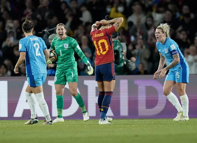 England goalkeeper Mary Earps (1) celebrates fair stopping a penalty kick by Spain midfielder Jennifer Hermoso (10) during the FIFA Women's World Cup  2023 Final match between Spain and England on Sunday, August 20, 2023, at Stadium Australia in Sydney, Australia, (Photo by Jabin Botsford/The Washington Post)