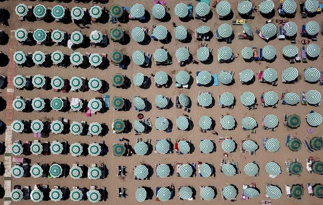 This aerial photograph shows parasols on a beach of the Adriatic Sea on August 8, 2018 in Durres, as a heatwave sweeps across Europe. Temperatures rose 38 degrees Celsius in Albania. (Photo by Gent Shkullaku/AFP Photo)