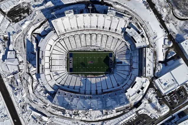 An aerial view of a snow-covered Highmark Stadium during the 2024 AFC wild card game between the Pittsburgh Steelers and the Buffalo Bills in Orchard Park, New York, January 15, 2024. (Photo by Kirby Lee/USA TODAY Sports)