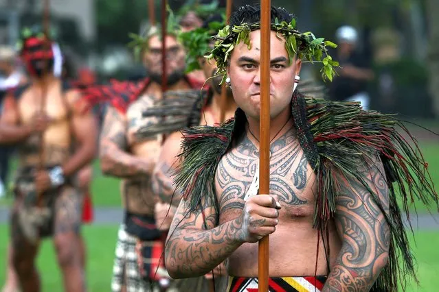 Members of Haka for Life and Māori leaders welcome dignitaries during a Anzac day service at Redfern on April 25, 2021 in Sydney, Australia. The Coloured Diggers Service is the only service of its kind in Australia that firstly honours the First Nations People of Australia & Indigenous Māori for their contribution to the protection of Australia & New Zealand, dating back to the first Boer War in 1880.  Crowds are limited at services across the country, while Perth events were cancelled due to lockdown restrictions following a community COVID-19 outbreak. Anzac Day commemorates the day the Australian and New Zealand Army Corp (ANZAC) landed on the shores of Gallipoli on April 25, 1915, during World War 1. (Photo by Lisa Maree Williams/Getty Images)