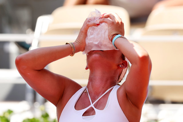 Donna Vekic of Team Croatia holds a bag of ice up to her face during her the Women's Singles third round match against Coco Gauff of Team United States on day four of the Olympic Games Paris 2024 at Roland Garros on July 30, 2024 in Paris, France. (Photo by Clive Brunskill/Getty Images)