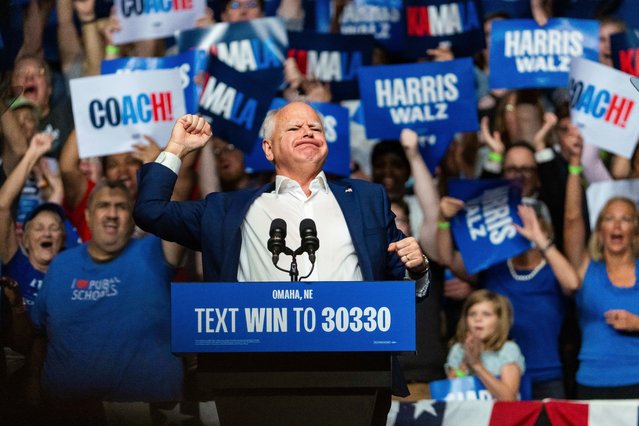 Democratic vice presidential nominee Minnesota Gov. Tim Walz speaks at a campaign rally, Saturday, August 17, 2024, at The Astro in La Vista, Neb. (Phoot by Bonnie Ryan/AP Photo)