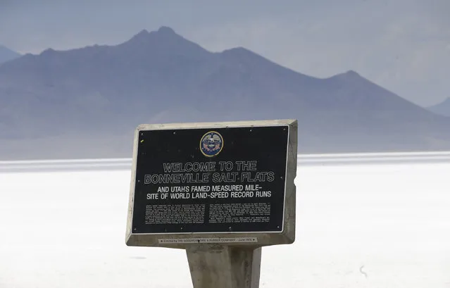 This Friday, July 17, 2015 photo shows a sign at the Bonneville Salt Flats in Utah. (Photo by Rick Bowmer/AP Photo)
