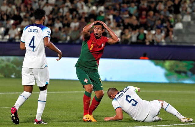 Henrique Araujo (C) of Portugal reacts during the UEFA Under-21 Championship quarter final match between England and Portugal in Kutaisi, Georgia, 02 July 2023. (Photo by Yuri Kochetkov/EPA)