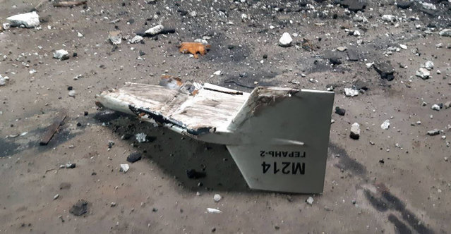 This undated photograph released by the Ukrainian military's Strategic Communications Directorate shows the wreckage of what Kyiv has described as an Iranian Shahed drone downed near Kupiansk, Ukraine. Ukraine's military claimed Tuesday, September 13, 2022, for the first time that it encountered an Iranian-supplied suicide drone used by Russia on the battlefield, showing the deepening ties between Moscow and Tehran as the Islamic Republic's tattered nuclear deal with world powers hangs in the balance. (Photo by Ukrainian military's Strategic Communications Directorate via AP Photo)