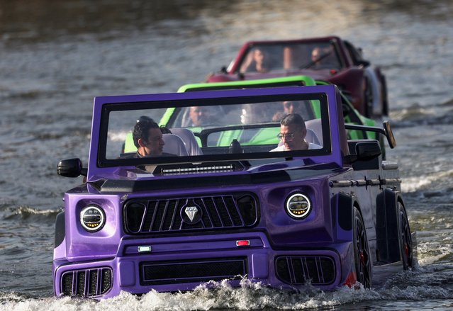 Egyptian people ride “Jetcar Kromh” vehicles, car-shaped vehicles that can move on water, on Egypt's River Nile, manufactured by Egyptian entrepreneur Karim Amin, with most parts locally made by Egyptians, in Cairo, Egypt, on February 17, 2025. (Photo by Amr Abdallah Dalsh/Reuters)