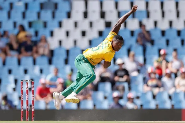 South Africa's Kagiso Rabada delivers a ball during the second T20 international cricket match between South Africa and West Indies at SuperSport Park in Centurion on March 26, 2023. (Photo by Phill Magakoe/AFP Phoot)