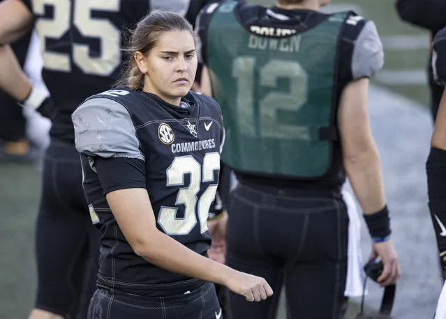 Vanderbilt kicker Sarah Fuller walks along the sideline during the first half of an NCAA college football game against Tennessee, Saturday, December 12, 2020, in Nashville, Tenn. (Photo by Wade Payne/AP Photo)