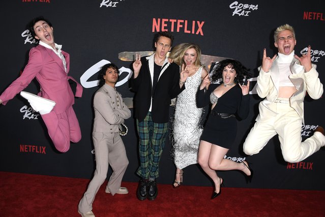 Actors Gianni DeCenzo, Xolo Maridueña, Jacob Bertrand, Peyton List, Mary Mouser and Tanner Buchanan arrives at the Los Angeles Special Screening Of Netflix's “Cobra Kai” Season 6, Part 1 at Autry Museum at Griffith Park on July 17, 2024 in Los Angeles, California. (Photo by Steve Granitz/FilmMagic)