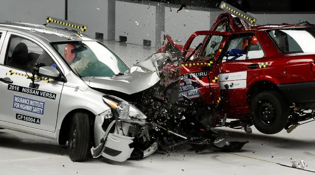 A 2016 Nissan Versa and a 2015 Nissan Tsuru collide in a controlled crash test at the Insurance Institute for Highway Safety facility in Ruckersville, Virginia U.S., October 27, 2016. (Photo by Gary Cameron/Reuters)