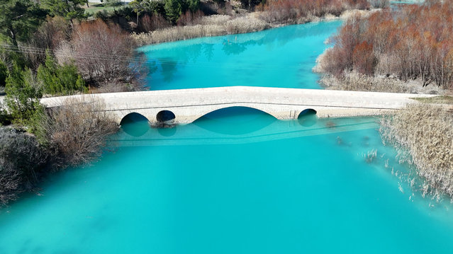An aerial view of the 260-kilometer-long Goksu River, which flows through Antalya, Konya, Karaman and flows into the Mediterranean Sea in Mersin's Silifke district on February 02, 2025 in Karaman, Turkiye. (Photo by Harun Resit Yildiko /Anadolu via Getty Images)