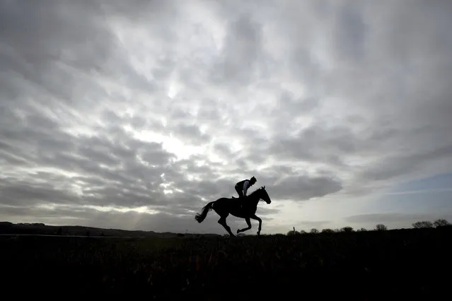 A horse and jockey gallop during a preview day ahead of the 2021 Cheltenham Festival meeting, in Cheltenham, England, Monday, March 15, 2021. (Photo by David Davies/PA Wire via AP Photo)
