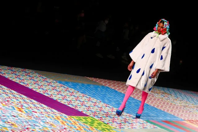 A model displays an outfit created by Agatha Ruiz de la Prada during the Mercedes Benz Fashion Week, amid the coronavirus disease (COVID-19) outbreak in Madrid, Spain, April 9, 2021. (Photo by Sergio Perez/Reuters)