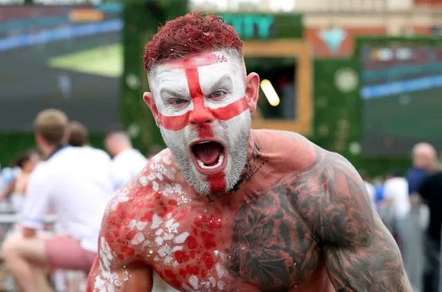 An England fan at the fan zone in Trafford Park, Manchester on Sunday, June 13, 2021as they watch the UEFA Euro 2020 Group D match between England and Croatia held at Wembley Stadium. (Photo by Bradley Collyer/PA Images via Getty Images)