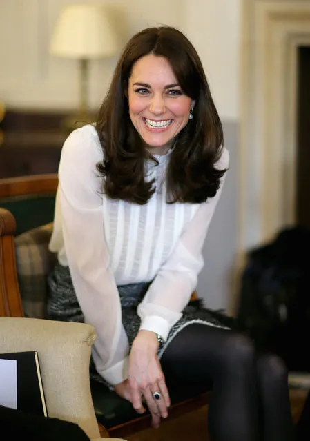 Kate, Duchess of Cambridge talks to children from the “Real Truth” video blog that features on the Huffington Post website at Kensington Palace, London, Wednesday, February 17, 2016. The Duchess of Cambridge is trying to shatter the stigma attached to mental health issues as she guest edits an edition of the Huffington Post. The former Kate Middleton said Wednesday that she and Prince William would not hesitate to seek help if they thought their children needed it. (Photo by Chris Jackson/Pool Photo via AP Photo)