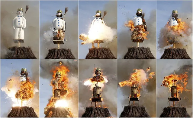 A combination of pictures shows the Boeoegg, a snowman made of wadding and filled with firecrackers, burning atop a bonfire in the Sechselaeuten square in Zurich April 13, 2015. As the bells of St. Peter's church chime six o'clock, the bonfire below the “Boeoegg” is set alight and mounted guildsmen gallop around the pyre to the tune of the Sechselaeuten March. The faster the head of the “Boeoegg”, the symbol of winter, catches fire and explodes, the warmer and more beautiful the summer will be. (Photo by Arnd Wiegmann/Reuters)
