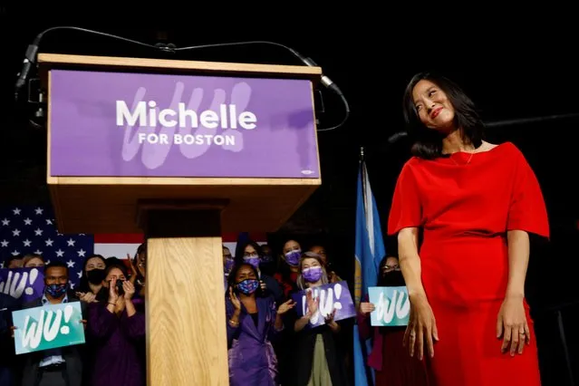 Michelle Wu takes the stage after winning her race for Mayor of Boston, to become the first woman and first person of color to be elected to the office, in Boston, Massachusetts, U.S., November 2, 2021. (Photo by Brian Snyder/Reuters)