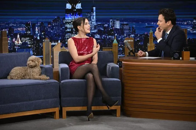 Actress Millie Bobby Brown (with her dog) during an interview with host Jimmy Fallon on Thursday, February 29, 2024 in New York. (Photo by: Todd Owyoung/NBC via Getty Images)