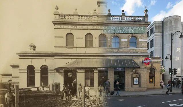 An exterior shot of the completed Gloucester Road Station in 1868 and 2014. (Photo by Museum of London/Streetmuseum app)