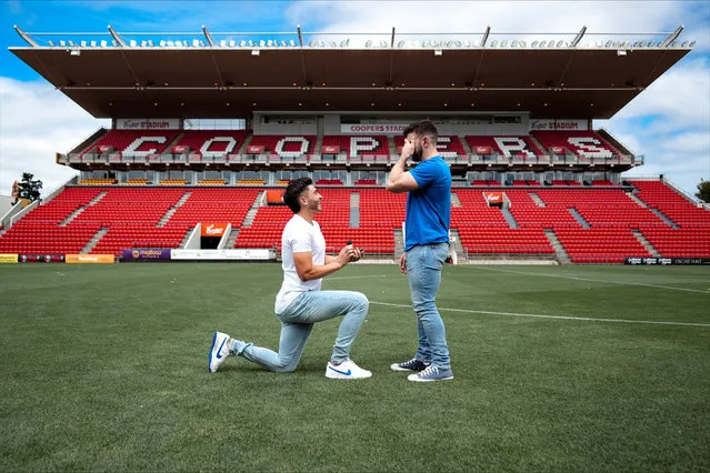 Josh Cavallo, Australia's first active male professional footballer to come out as gay, proposes to his partner at Adelaide United's home ground in Adelaide, Australia, on December 27, 2023. (Photo by Courtney Pedlar via Reuters)