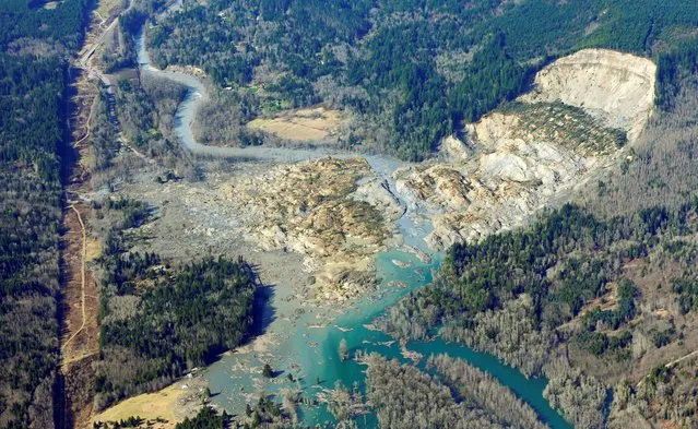 The massive mudslide that killed at least eight people and left dozens missing is shown in this aerial photo, Monday, March 24, 2014, near Arlington, Wash. The search for survivors grew Monday, raising fears that the death toll could climb far beyond the eight confirmed fatalities. (Photo by Ted S. Warren/AP Photo)