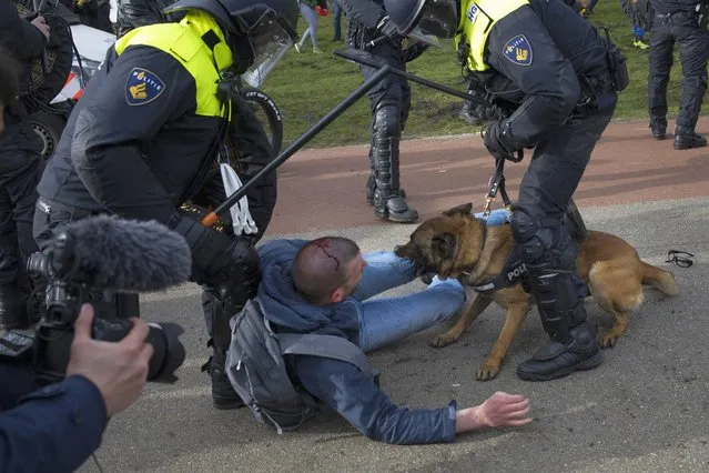 Dutch riot police arrest a man during a demonstration to protest government policies including the curfew, lockdown and coronavirus related restrictions in The Hague, Netherlands, Sunday, March 14, 2021. Thousands of people took part in the rally ahead of three days of voting starting Monday in a general election. (Photo by Peter Dejong/AP Photo)