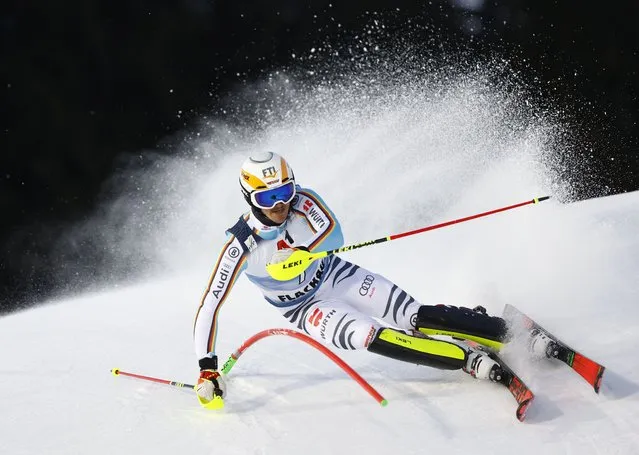 Linus Strasser of Germany speeds down the course in the men's night slalom race during the FIS Alpine Ski World Cup in Flachau, Austria on March 9, 2022 . (Photo by Lisa Leutner/Reuters)