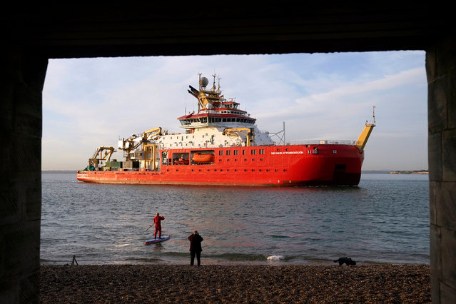 The RRS Sir David Attenborough, the UK's most advanced polar research ship, sails into Portsmouth Harbour, Hampshire on Wednesday, November 17, 2021. (Photo by Andrew Matthews/PA Images via Getty Images)