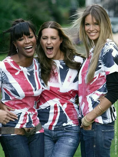 Naomi Campbell, Yasmin Le Bon and Elle Macpherson laugh as they pose for the camera's as they promote 'Fashion For Relief' held at the Rotary Club